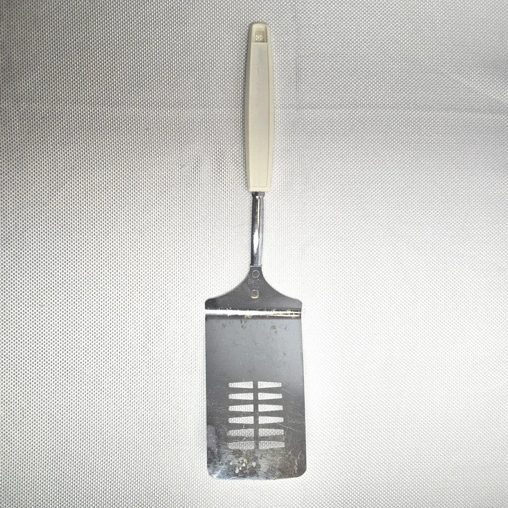 Vintage EKCO Slotted Spatula Turner Stainless Steel Off White Handle Made in USA